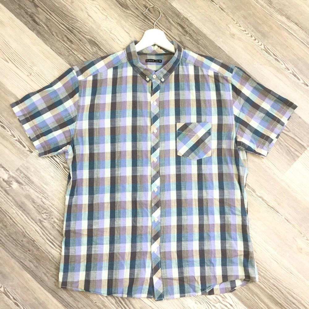 Alaniz Shirt XL Blue Gray Plaid Button Down Short